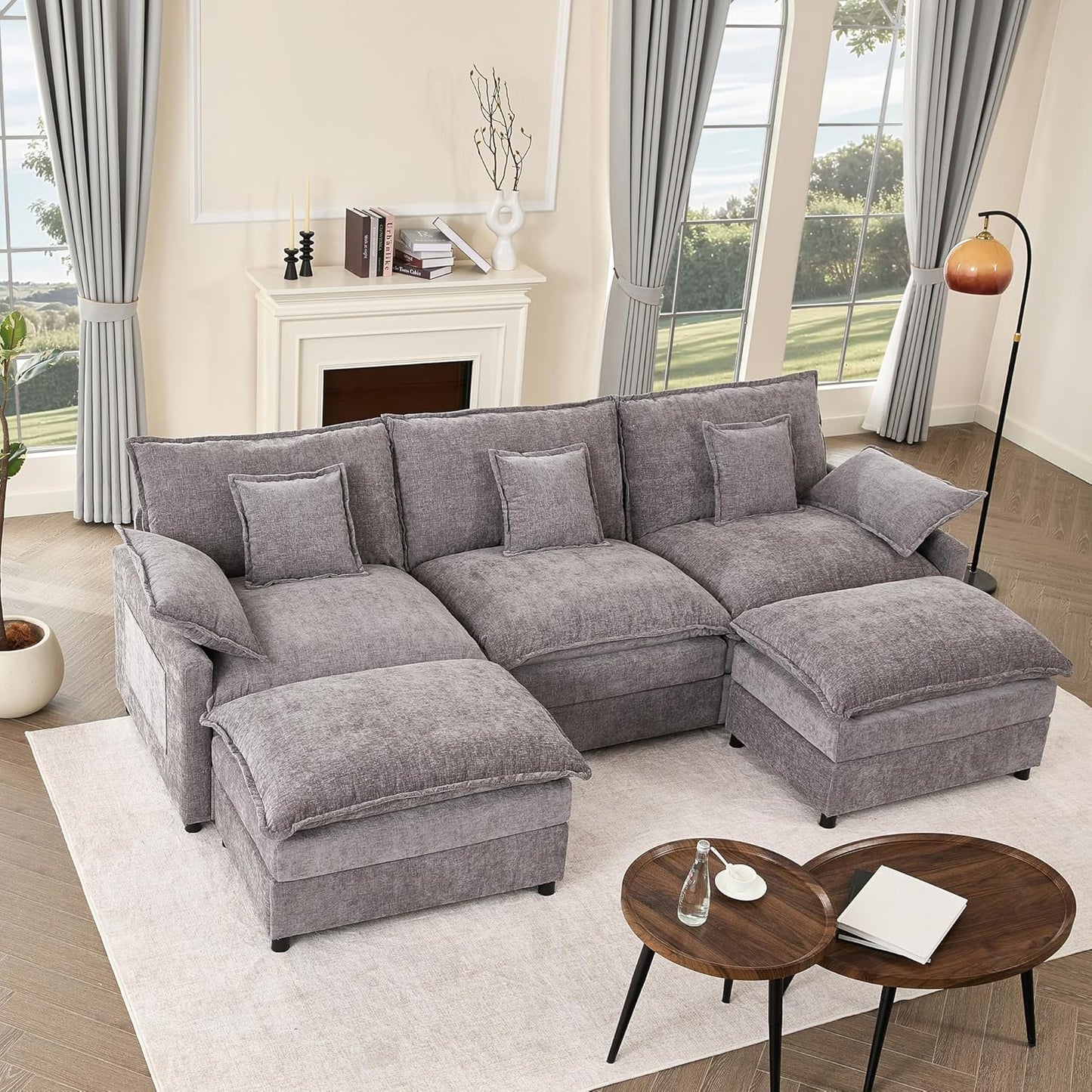 Modular Sectional Sofa, 3-Seater Comfy Cloud Couch with Movable Ottoman, Deep Seat Couches for Living Room