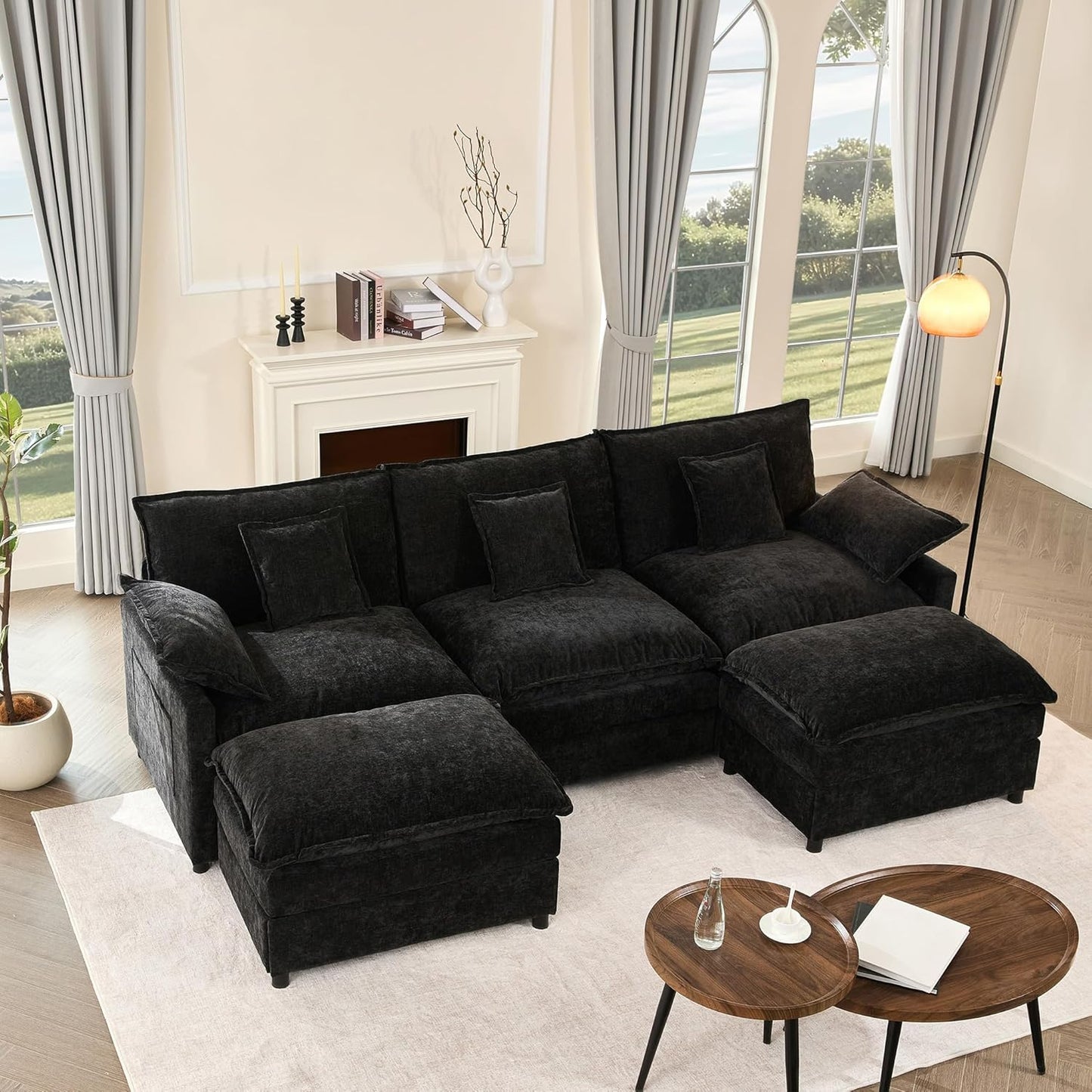Modular Sectional Sofa, 3-Seater Comfy Cloud Couch with Movable Ottoman, Deep Seat Couches for Living Room