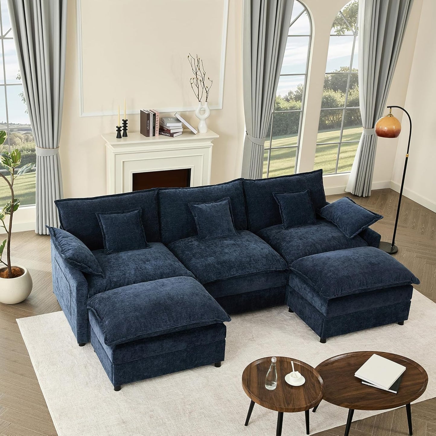 Modular Sectional Sofa, 3-Seater Comfy Cloud Couch with Movable Ottoman, Deep Seat Couches for Living Room