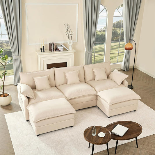 Modular Sectional Sofa, 3-Seater Comfy Cloud Couch with Movable Ottoman, Deep Seat Couches for Living Room